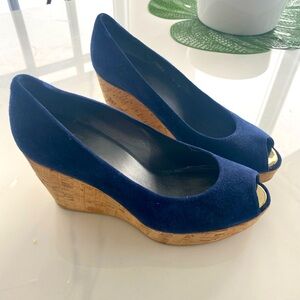 Navy Suede Stuart Weitzman Wedges with gold toe caps